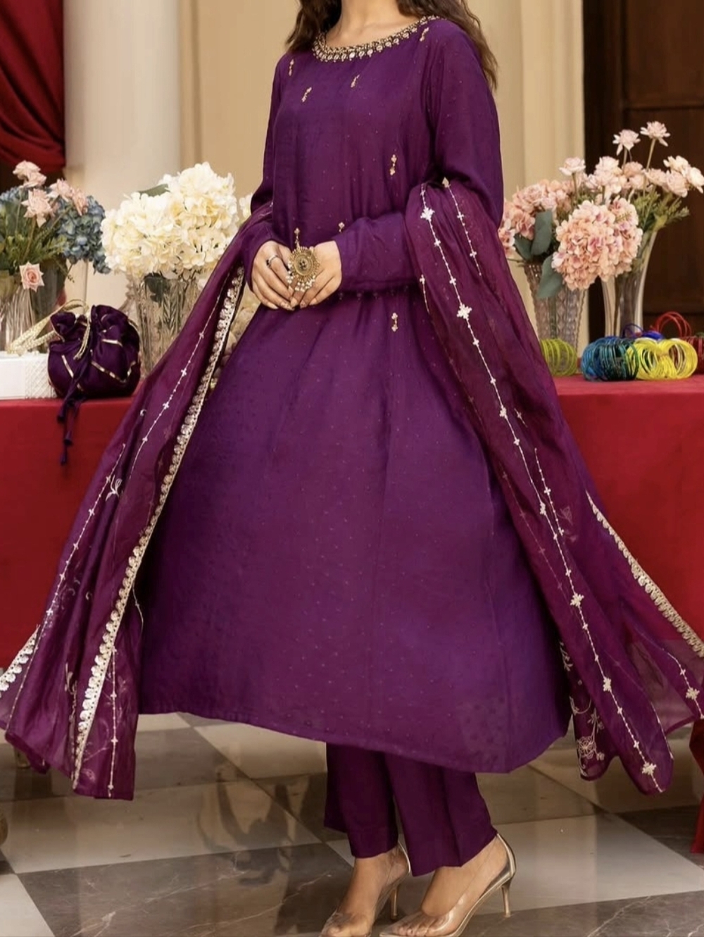 Embroidered Deep Purple Anarkali Suit with Dupatta